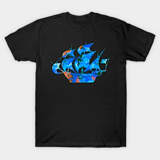 Galaxy Shores Exploration Liquid Art Sailing Ship Silhouette T-Shirt